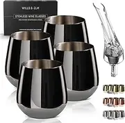 [Wills and Elm] Black Wine Glasses - Stemless Stainless Steel Wine Glasses Set of 4 with Aerator - Unbreakable Metal Glass for Outdoor, Travel, Camping, Pool - 18oz