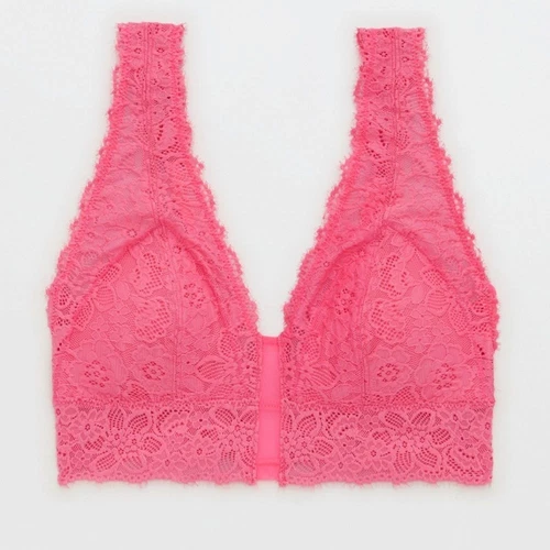 NWT Aerie Eyelash Lace Padded Plunge Bralette in Pink Women's Size Large