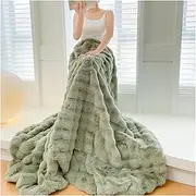 Faux Rabbit Fur Blanket,New Winter Soft Warm Bubble Faux Fur Blanket,Elegant Cozy Reversible Throw Blanket Bedspread for Bed Sofa Travel(Green,Single Pillow)