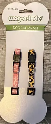 SIMPLY WAG COLLAR SET (1) PINK ANIMAL PRINT (1) LEOPARD Puppy/Dog XSMALL NWT