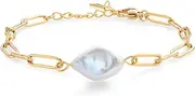 [Gem Stone King] Shell Pearl Chain Link Paperclip Yellow Gold Plated Stainless Steel Fashion Bracelet For Women, Stainless Steel