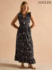 Joules Sophia Black Ruffle Shoulder Midi Dress (AK7874) | $150