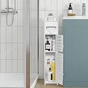 Askan Storage Cabinet for Small Spaces, Over The Toilet Cabinet for Skinny Bathroom Storage Corner Floor, Slim Paper Cabinet with 2 Doors & Shelves (White)