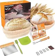 Bread Banneton Proofing Basket Set, 9 Inch Round & 10 Inch Oval Cane Sourdough Baskets with Bread Lame Dough Scraper Bowl Scraper Silicone Brush Sourdough Baking Supplies