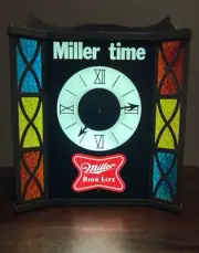 Vintage MILLER HIGH LIFE Beer CLOCK Faux STAINED GLASS Bar Light Sign New In Box