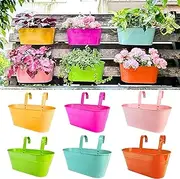 LaLaGreen Outdoor Hanging Planter (6 Pack, 11.2 Inch) Light Blue, Green, Neon Pink, Yellow, Orange, Peachy Pink Metal Iron Window Box Flower Pot Deck Railings Fence Rail Bucket Porch Home Garden Decor