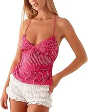 [TERIVEEK] Women Y2K Sequin Cami Top Sexy Low Cut V Neck Open Back Tank Summer Cute Sparkle Criss Cross Straps Halter Crop Tops