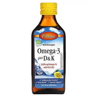 [iHerb] Carlson Omega-3 脂肪酸 + D3 和 K2，天然檸檬味，1430 毫克，6.7 液量盎司（200 毫升）