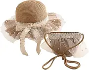 [Generic] Beach Hat Toddler Children Girls Cartoon Flower Sunshade Hat Straw Beach Sun Hat Straw Bag Kids Summer Accessories Hip Hop Hats for Kids
