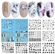 Nail Art Stickers Water Decals Transfers Black Ink Splashes Gears Paperclips NS9