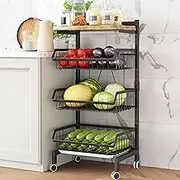 COVAODQ Fruit Basket 4-Tier Adjustable Fruit Vegetable Basket Cart Metal Wire Storage Cart Rolling Pantry Utility Kitchen Cart
