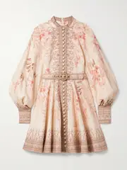 [Zimmermann] Zimmermann - Illuminate Belted Printed Linen Mini Dress - Coral - 2 2 Orange