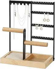 [Generic] Necklace Holder - Jewellery Stand | Earring Holder Storage | 4 Tier Metal Frame Jewelry Organizers | Wooden Base Design Bangle Organization Rack | Jewelry Organizer Stand