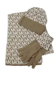 Michael Kors MK Repeat Logo Knit Scarf Hat & Gloves Boxed Set in Camel/Cream New
