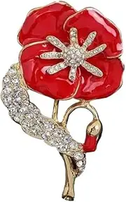 [Generic] Red Enamel Poppy Flower Brooch Pin with Crystal Rhinestones, Gold-Tone Metal