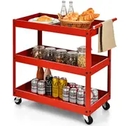 Costway 2-in-1 Dining Serving Cart Metal Tool Storage Trolley Rolling Bar Cart Kitchen Garage Restaurant Red
