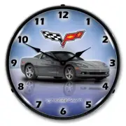 Retro Style C6 Corvette Cyber Gray Backlit Game Room LED Lighted Wall Clock New
