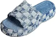 [ZJWBB] Women's Denim Cloth Heckered Jean Flat Mules Open Toe Wedge Slippers Platform Clogs Non-Slip Boho Sandals Close Pointed Toe Heels Backless Slip-On Loafers Walking Flip Flops
