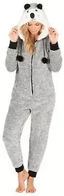 ONEZEE Ladies Snuggle Fleece Jumpsuit Bear Heather Gray Hooded Zip Sz S / M NEW