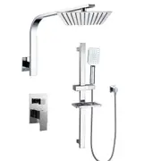 Square Chrome Shower 8/10/12" Rain Head Gooseneck Arm Handheld Long Rail Soap Dish