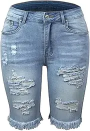 [PCBVAKGKYT] Mid Waist Ripped Frayed Hem Tessles Stretchy Jean Shorts Women's Summer Shorts