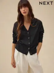 Black Soft Touch V-Neck Button Up Cardigan with Cotton (AN8720) | $38