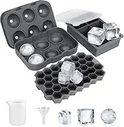 Ice Cube Tray, AiBast Ice Trays for Freezer With Lid, 3 Pack Silicone Large Round Ice Cube Tray, Sphere Square Honeycomb Ice Trays for Whiskey With Covers&Funnel, Reusable Whiskey Ice Ball Mold Grey