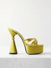 [D'ACCORI] D'ACCORI - Sienna Leather-trimmed Embellished Satin Platform Mules - Yellow - IT39 IT 39 Yellow