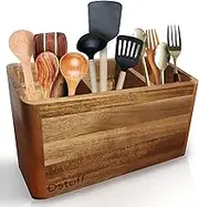 Dstuff Large Kitchen Utensil Holder Organizer for Counter or Countertop, Large Wooden Utensil Holder for Storage Cooking and Silverware with 3 Compartment, Acacia Rustic Wood Container Extra Large