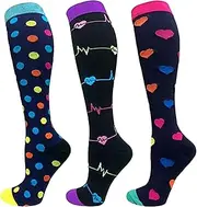 [Dress Cici] Women Colored Compression Socks Heartbeat, Heart Shape, And Dot Pattern, Knee High Compression Socks for Ladies (3 Set)