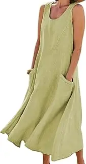 [yoeasy] Women's Cotton Linen Casual Loose Pockets Long Dress Plain Sleeveless Tank Dress