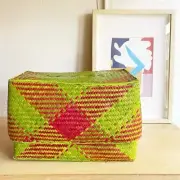 Rectangular colorful storage basket with lid seagrass basket multicolor Green