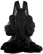 [Shhyy] Women Feather Robe Sexy Lace Dressing Gown With Belt Boudoir Bridal Robe Tulle Illusion Dress Transparent Lingerie Sleepwear, Black