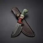 Hand made Damascus steel Gut hook knife with leather cover Gift For Husband
