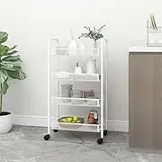 4-Tier Kitchen Trolley White 46x26x85 cm Iron – Rolling Storage Utility Carts with Wheels, Organizer Tray, Metal Shelf for Office and Home Use, Strong Removable Mesh Baskets