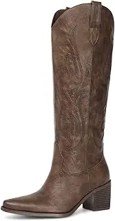 [Pasuot] Western Cowboy Boots for Women - Knee High Wide Calf Cowgirl Boots with Classic Embroidered, Slip On Pointed Toe Chunky Heel Fashion Retro Classic Pull On Tall Boot for Girls Ladies Fall Winter
