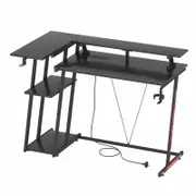 Advwin L Shaped Gaming Desk with LED Lights & Power Outlets Reversible Storage Shelf 120cm Computer Desk Black