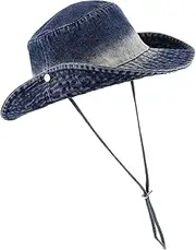 [BELLIFFY] Denim Cowboy Hat Packable Cotton Sun Hat Wide Brim Stylish Washed Denim Cap for Men Women Outdoor Use