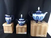 Bombay Company Cobalt Blue & White Silver Trim Teapot, Sugar Pot & Creamer NIB