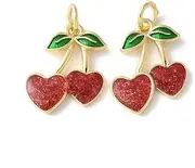 [KitBeads] 10Pcs Glitter Cherry Charms Brass Gold Plated Fruit Heart Shape Charms Jump Ring for Jewellery Making Necklace Bracelet Earring, Acrylic, No Gemstone