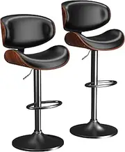 [YaFiti] Bar Stools Set of 2, Bar Stools for Kitchen Island with Bentwood Back and Leather Seat, Swivel Bar Stools for Kitchen Counter, Black