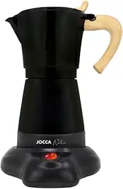 [Jocca] 6 Cup Aluminum Electric Italian Coffee Maker, Portable and Manual Coffee Maker with Wooden Handle, Black, Mocha Style Coffee Machine