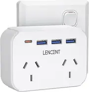 LENCENT USB Plug Extension with Type-C & 3 USB A Ports, Double Socket Adapter, 6-in-1 Grounded Outlet Extender for Household Travel Appliances, Type I Plug, Cruise Ship Approved