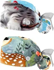 [YTYVAGT] 2-Pc,Nurse Scrub Caps,Scrub Hats with Buttons and Cotton Sweatband,Cute Cat Animal Plant Pattern