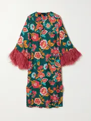 [La DoubleJ] La DoubleJ - Feather-trimmed Floral-print Silk-twill Kaftan - Multi - large large Multi