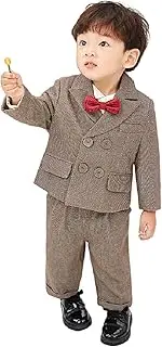 [Kromoc] Boys' Houndstooth Peak Lapel Suit 3Pcs Double Breasted Buttons Tuxedos Jacket & Vest & Pants Set