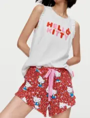 NEW PETER ALEXANDER HELLO KITTY RUFFLE TANK TOP & SHORTS PJ SET LARGE RRP$119.90