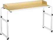 clinmday Bed Desk with Wheels,Queen Size Adjustable Height Table for Bed, Mobile Laptop Cart Computer Desk,Portable Rolling Overbed Table for Dining,Home Office Table. Wooden Color