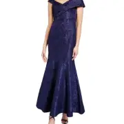 NWT Navy Jacquard Aidan Mattox Portrait Collar Trumpet Gown US 6