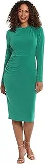 [London Times] Women's Draped Neckline Slimming Midi Length Jersey Sheath Dress with Stretch